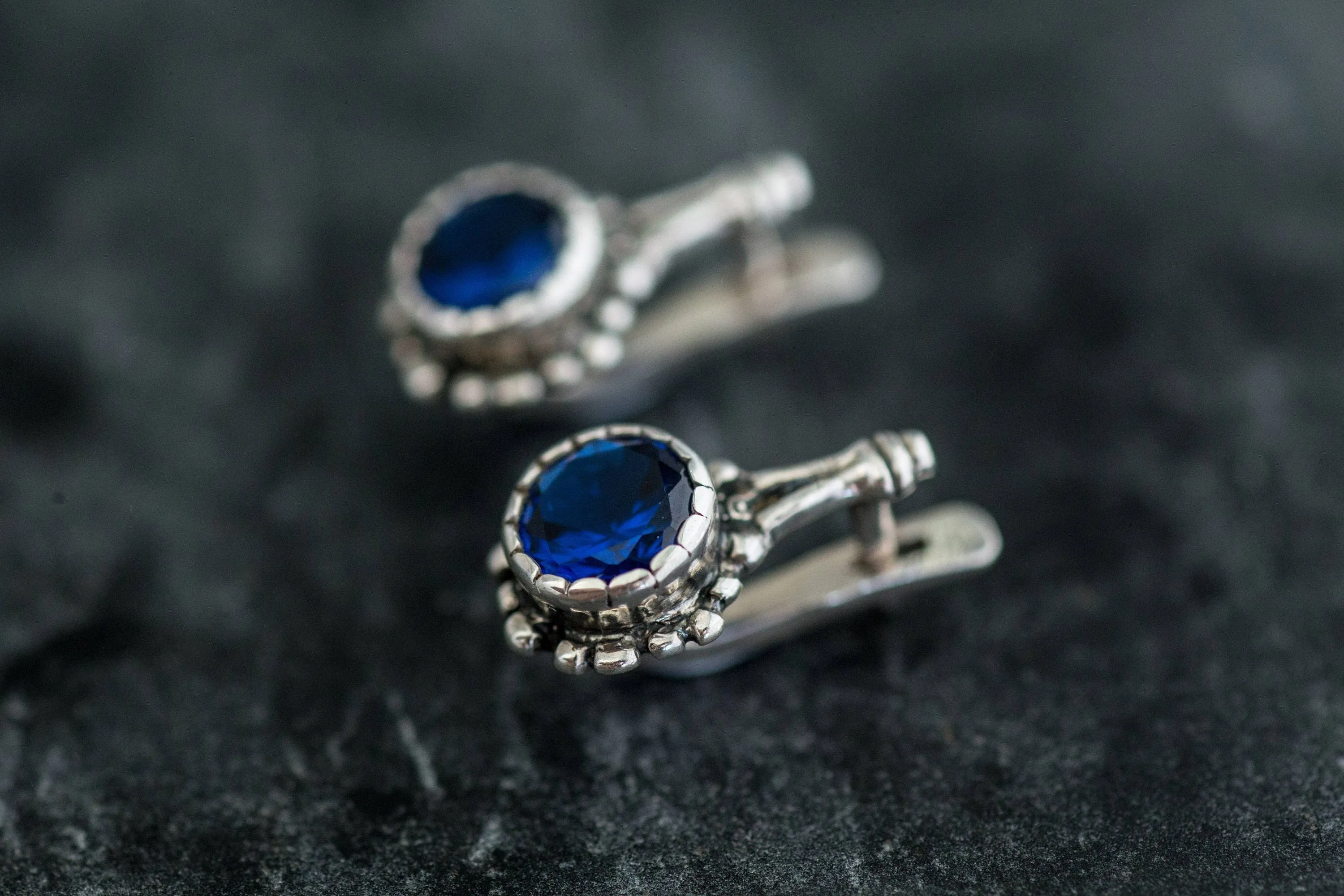 Round Sapphire Earrings - Blue Flower Earrings - Vintage Drop Earrings