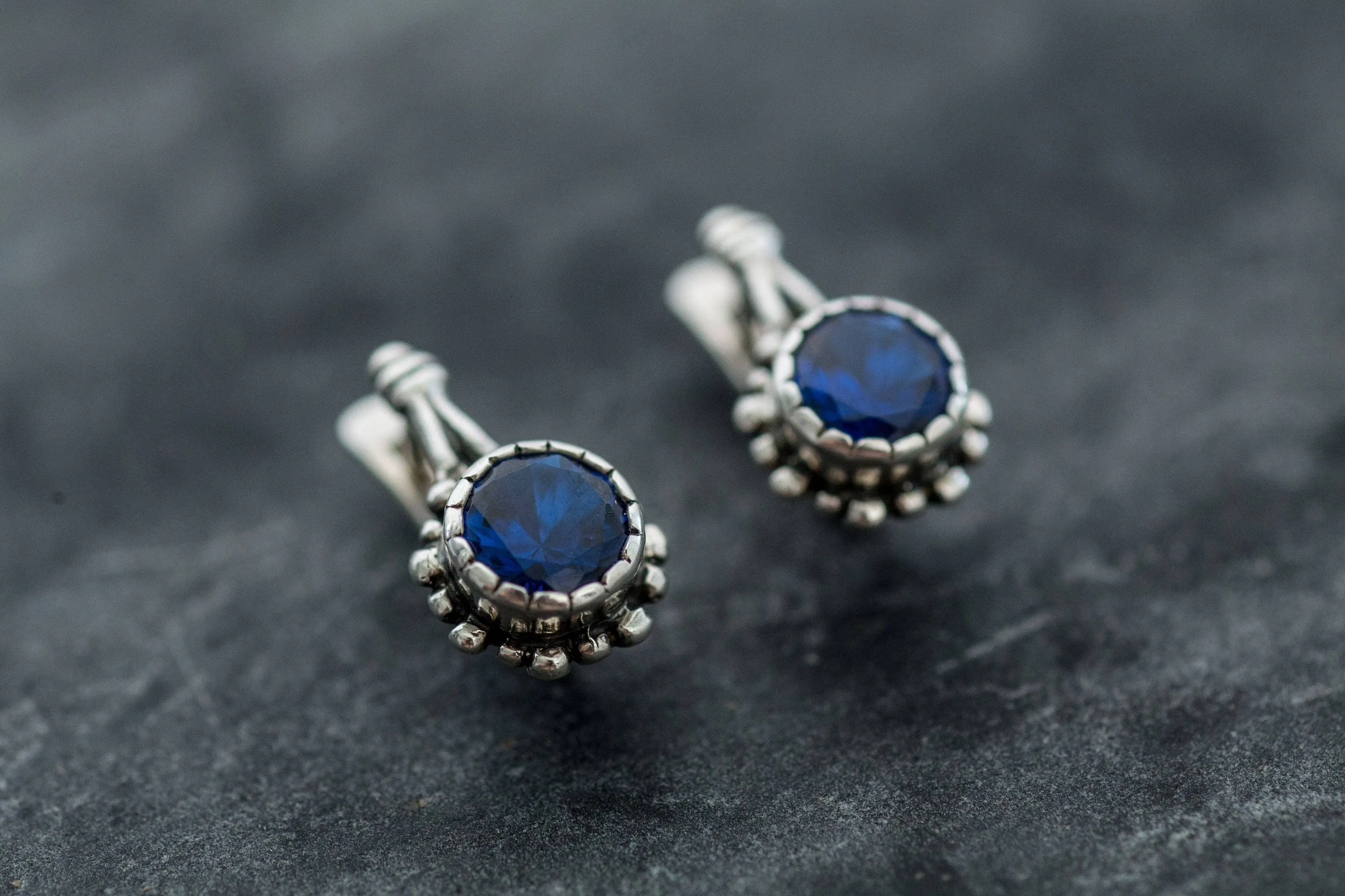 Round Sapphire Earrings - Blue Flower Earrings - Vintage Drop Earrings