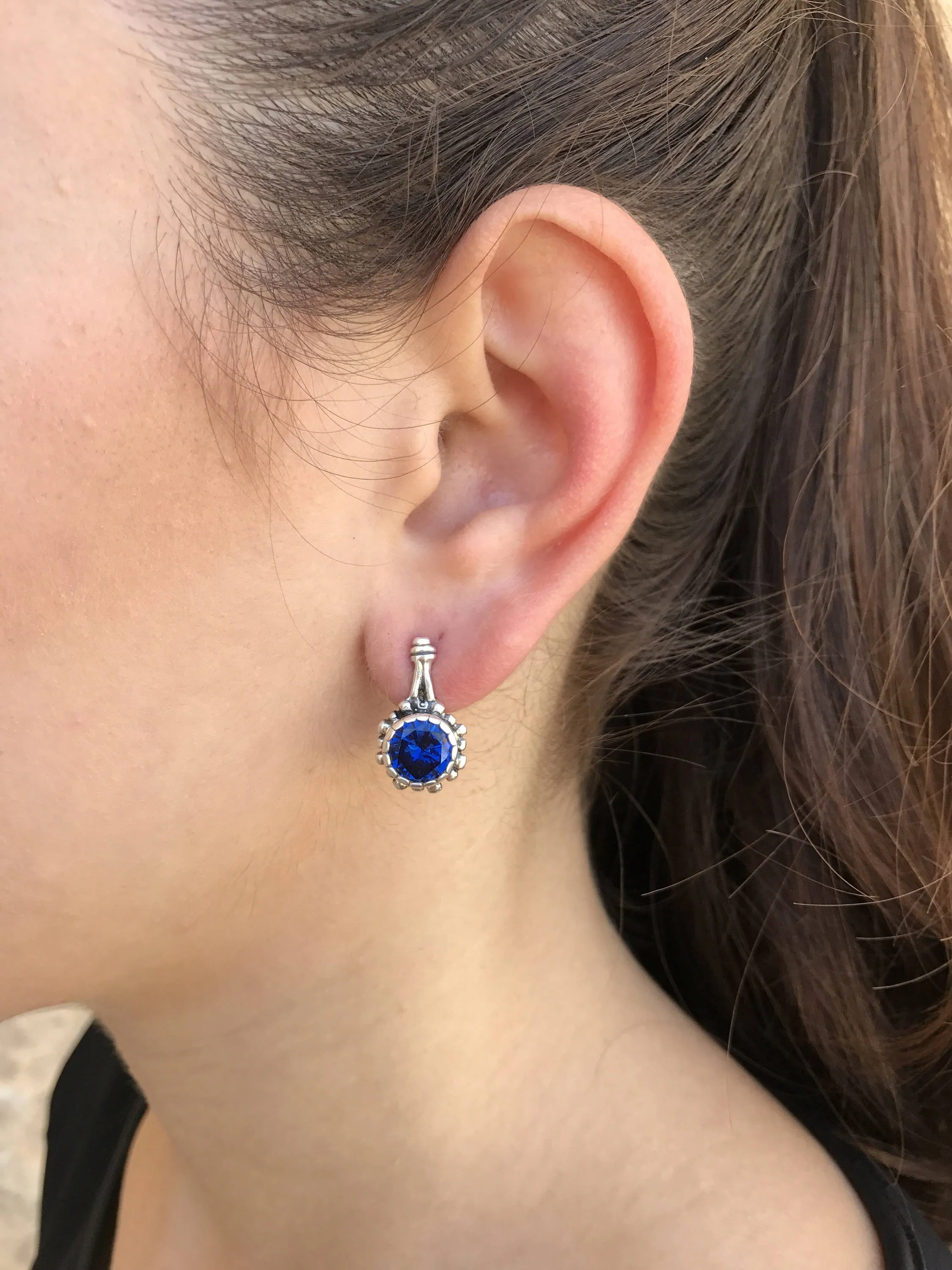 Round Sapphire Earrings - Blue Flower Earrings - Vintage Drop Earrings