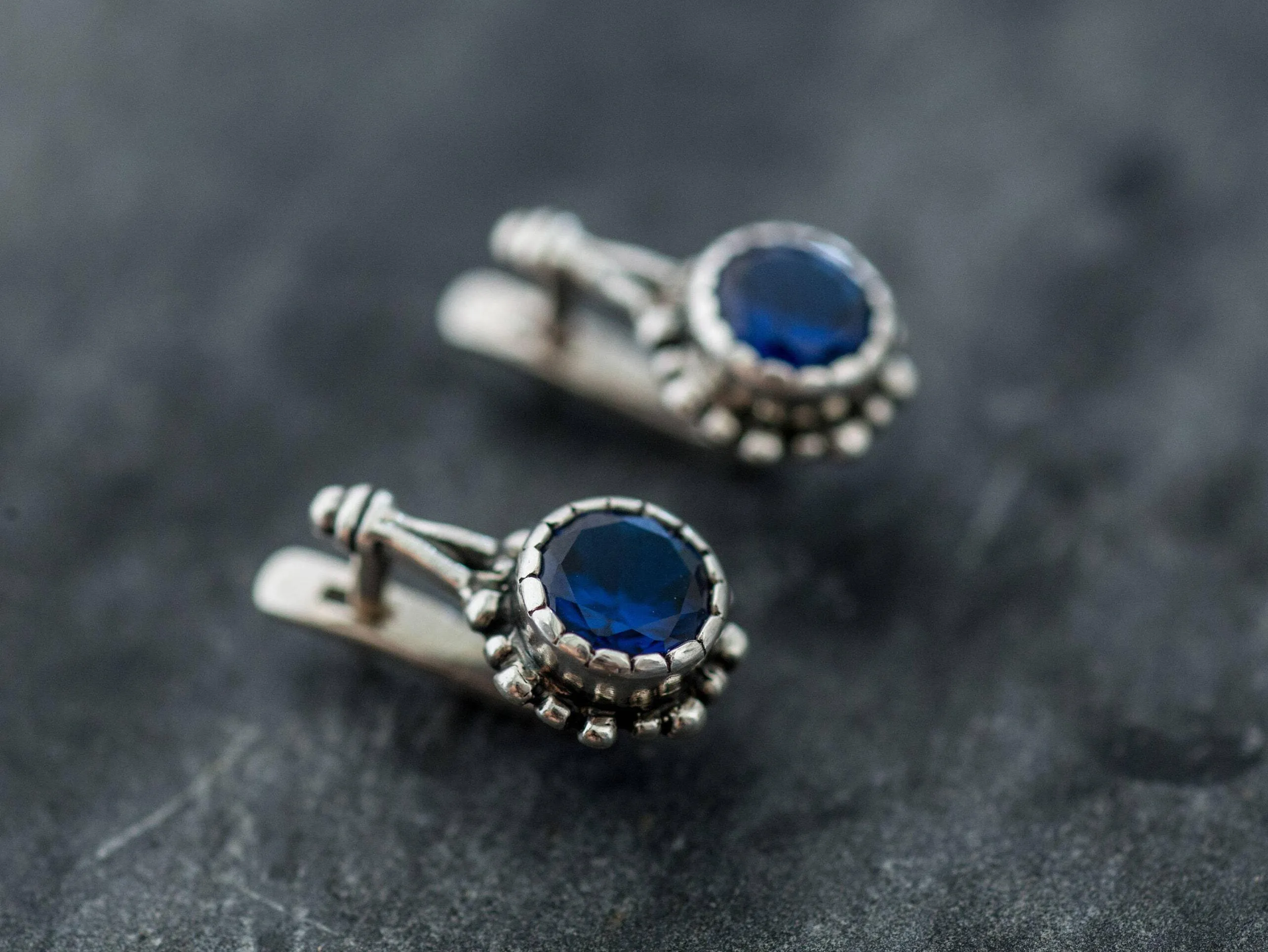 Round Sapphire Earrings - Blue Flower Earrings - Vintage Drop Earrings