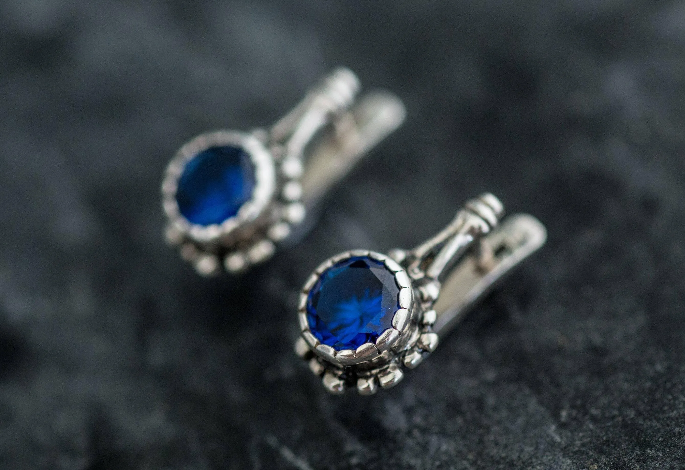 Round Sapphire Earrings - Blue Flower Earrings - Vintage Drop Earrings