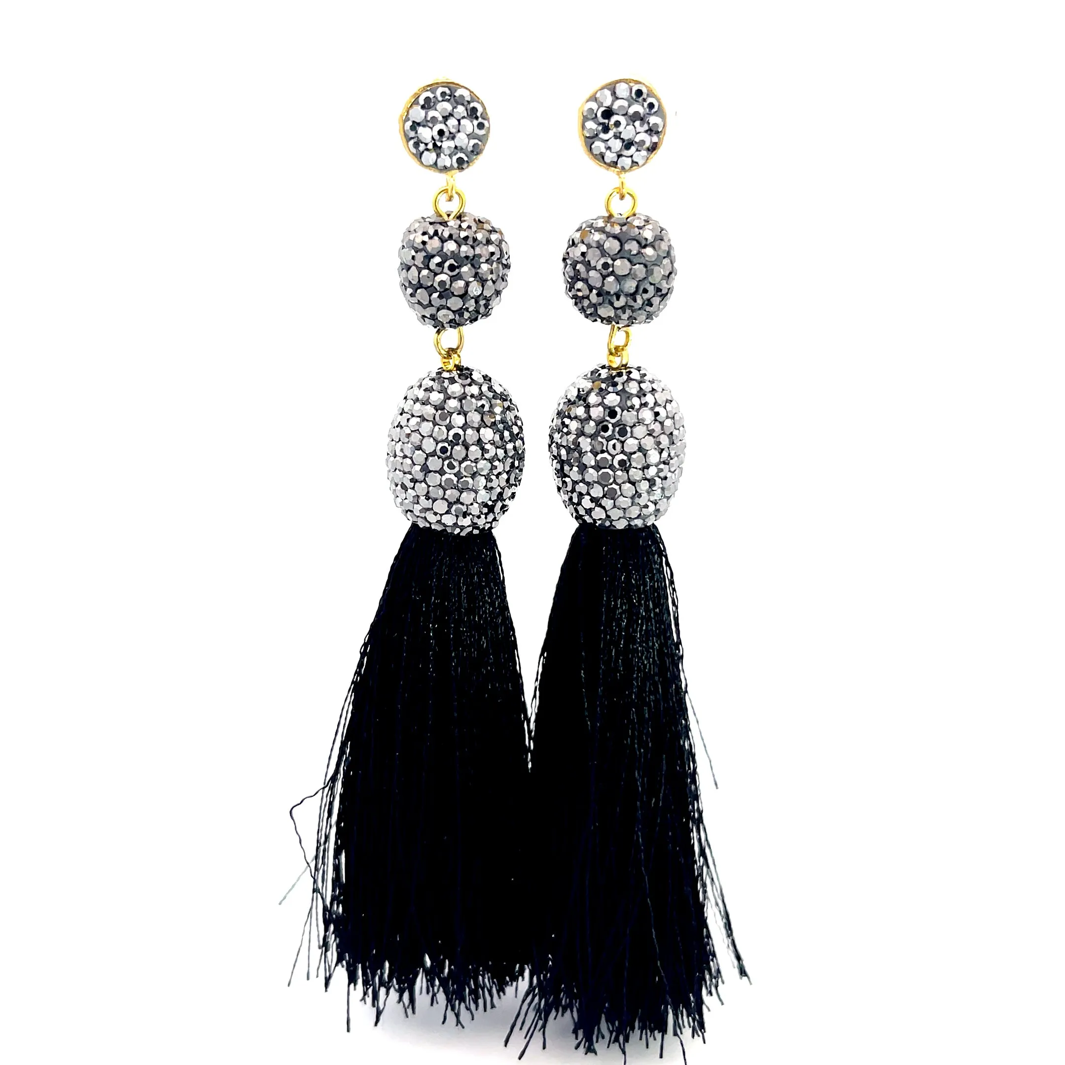 Silver Crystal Gold Plated Black Thread Tassel Earring