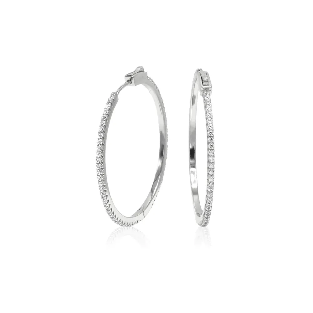 Skinny Hoop Earrings, Diamond CZ .925 Sterling Silver Secure Clasp Thin Everyday Hoop Earrings