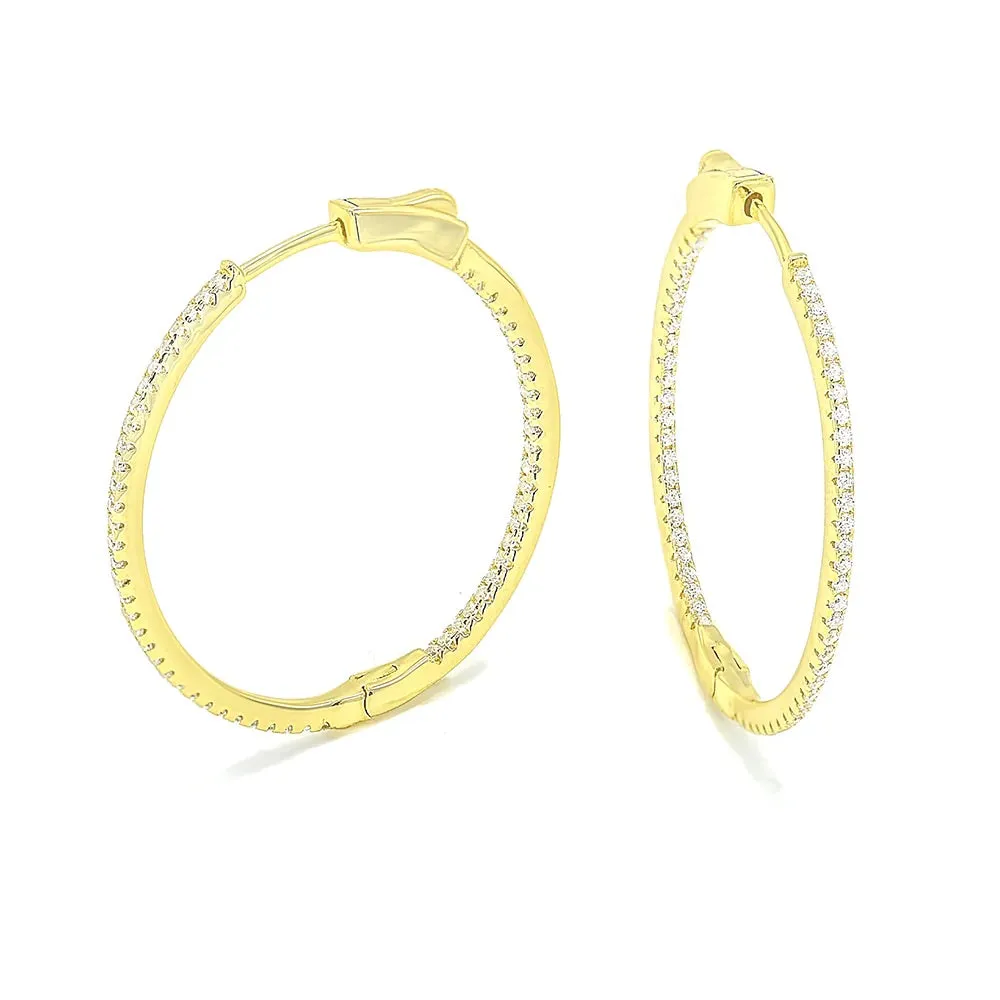 Skinny Hoop Earrings, Diamond CZ .925 Sterling Silver Secure Clasp Thin Everyday Hoop Earrings