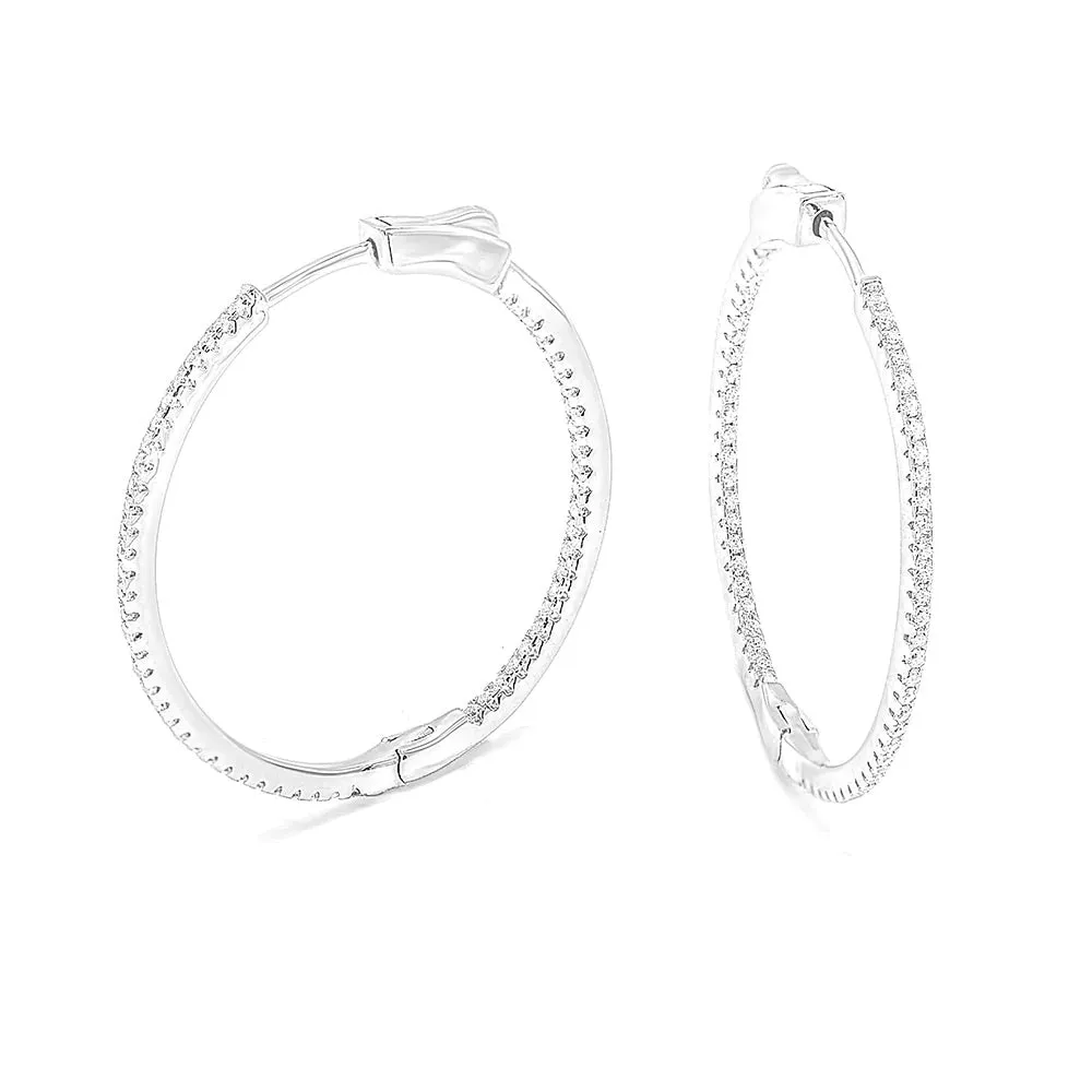 Skinny Hoop Earrings, Diamond CZ .925 Sterling Silver Secure Clasp Thin Everyday Hoop Earrings