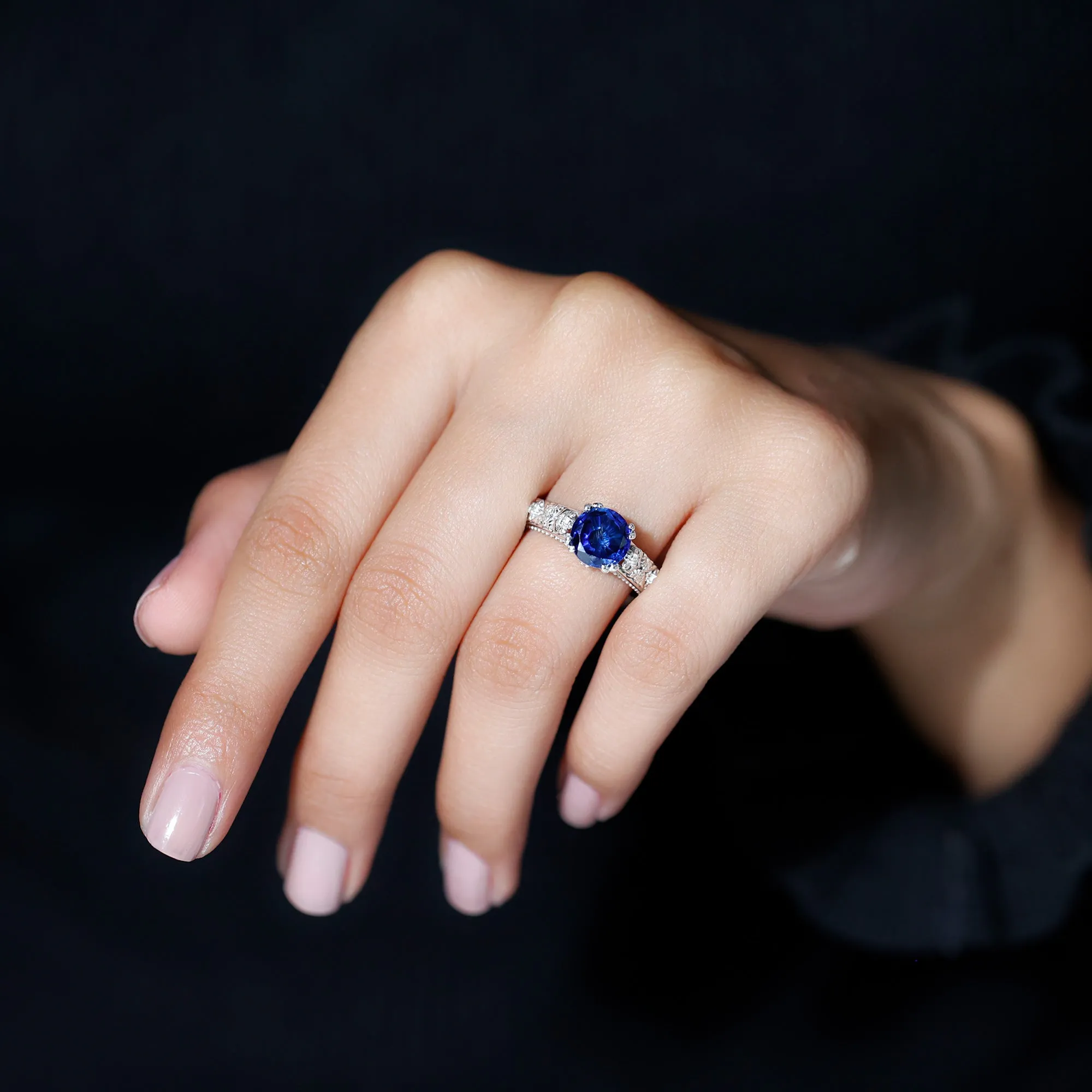 Solitaire Lab Grown Blue Sapphire Flower Engagement Ring with Diamond