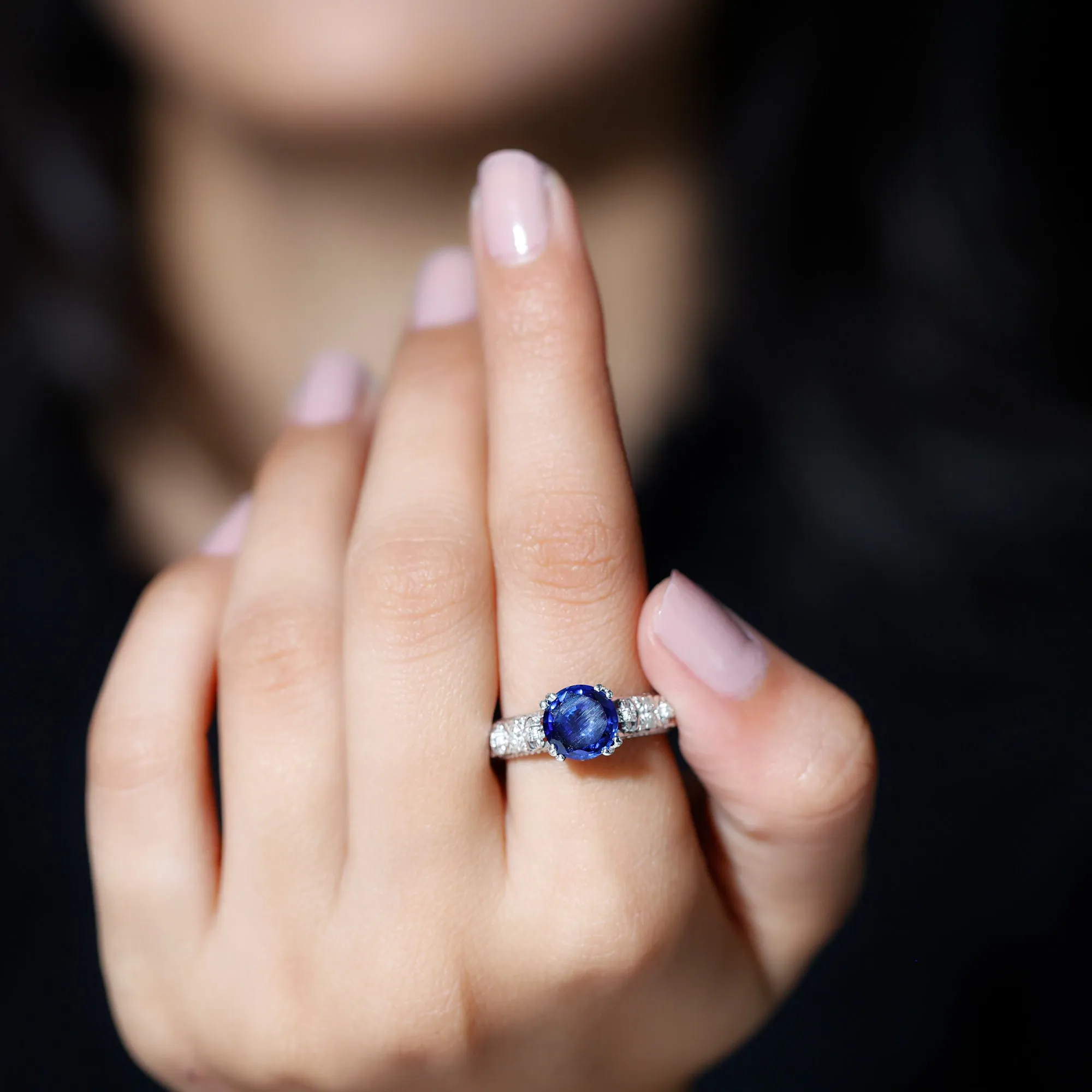 Solitaire Lab Grown Blue Sapphire Flower Engagement Ring with Diamond