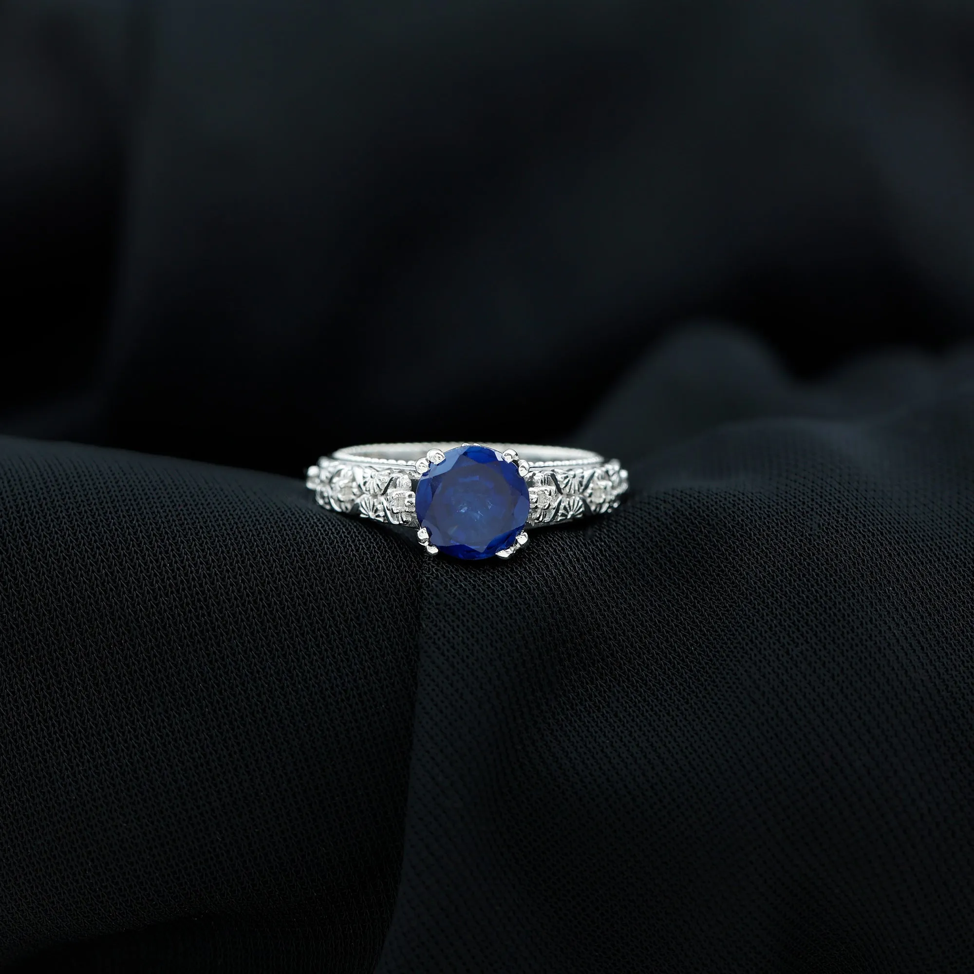 Solitaire Lab Grown Blue Sapphire Flower Engagement Ring with Diamond