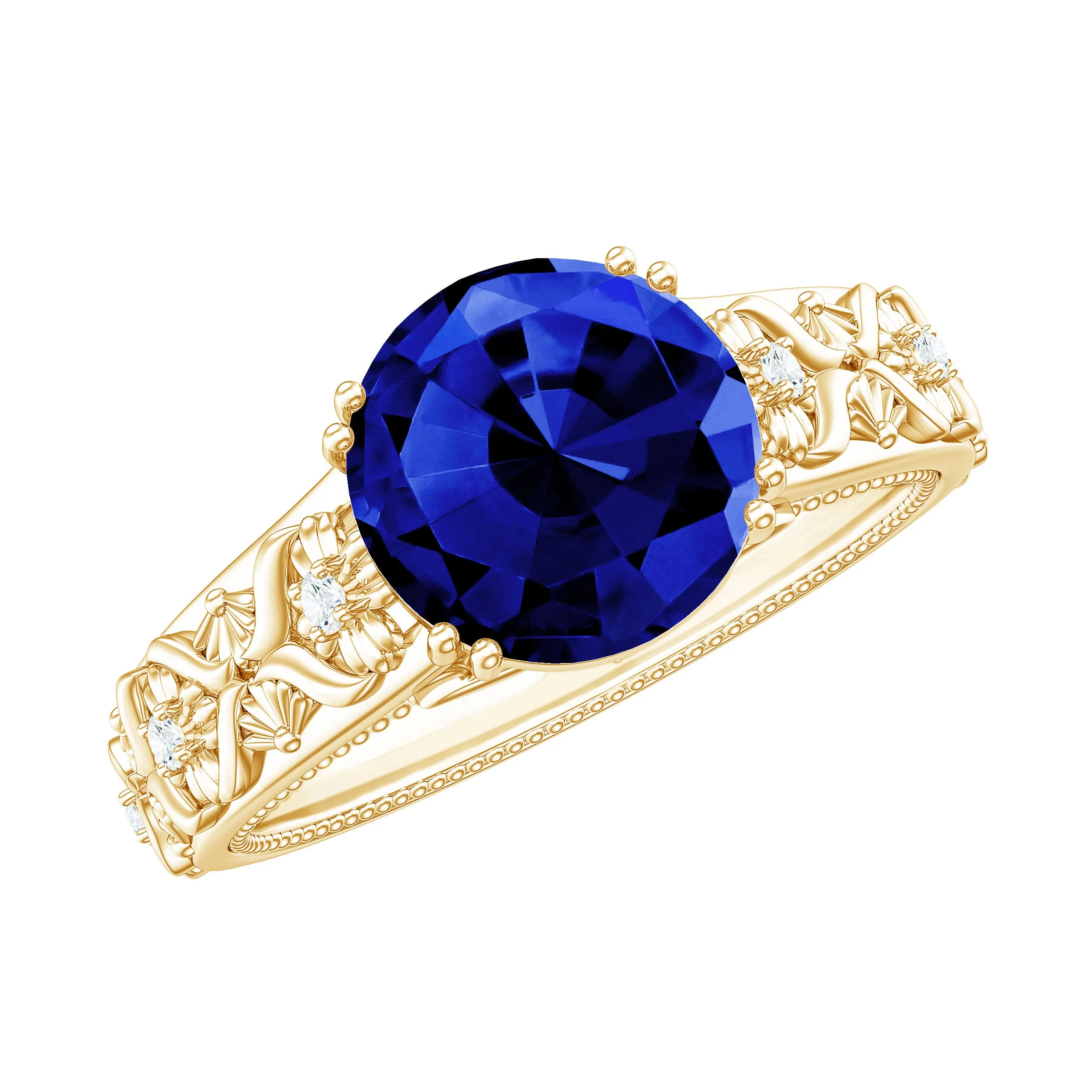 Solitaire Lab Grown Blue Sapphire Flower Engagement Ring with Diamond