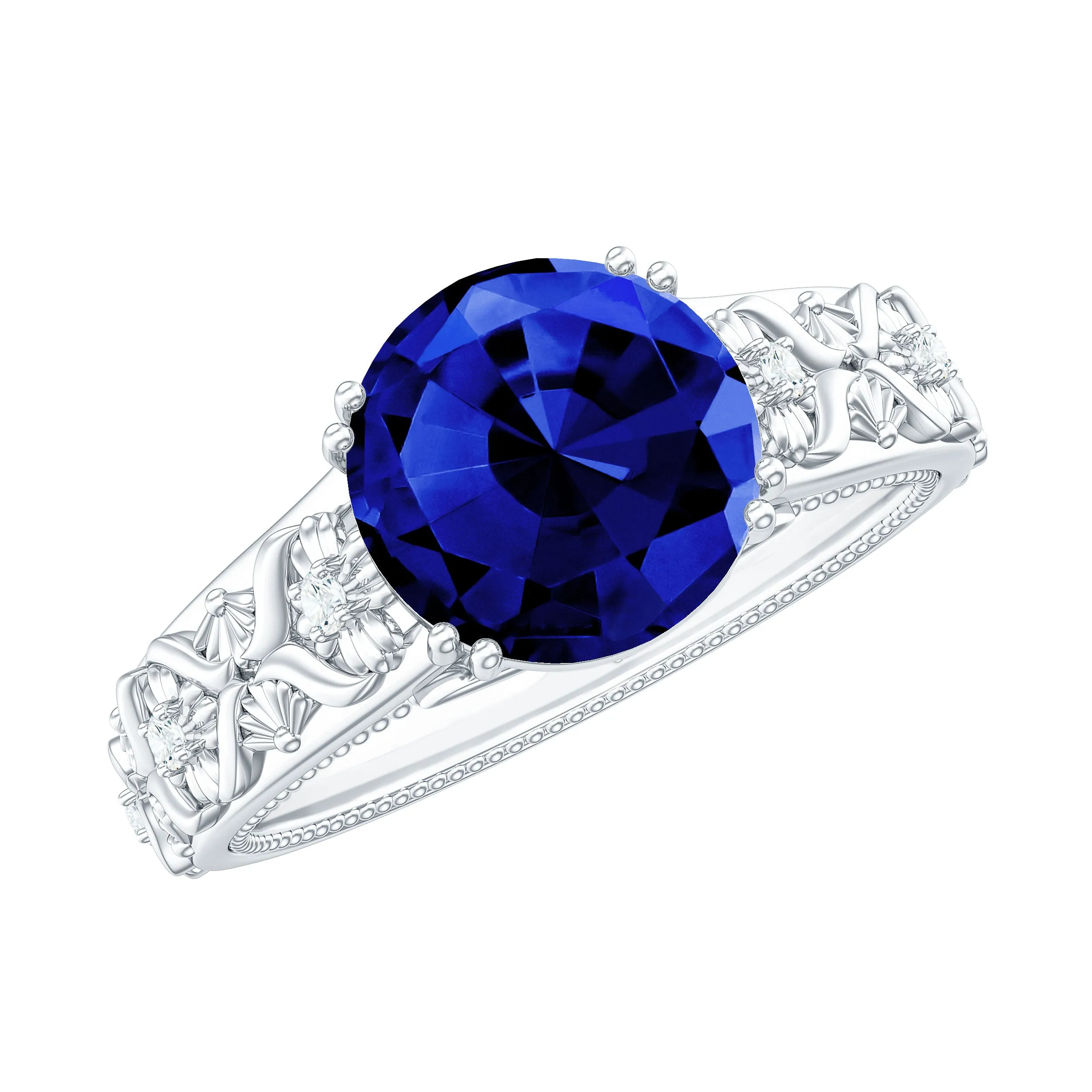 Solitaire Lab Grown Blue Sapphire Flower Engagement Ring with Diamond