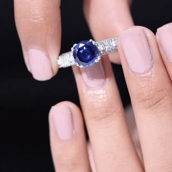 Solitaire Lab Grown Blue Sapphire Flower Engagement Ring with Diamond