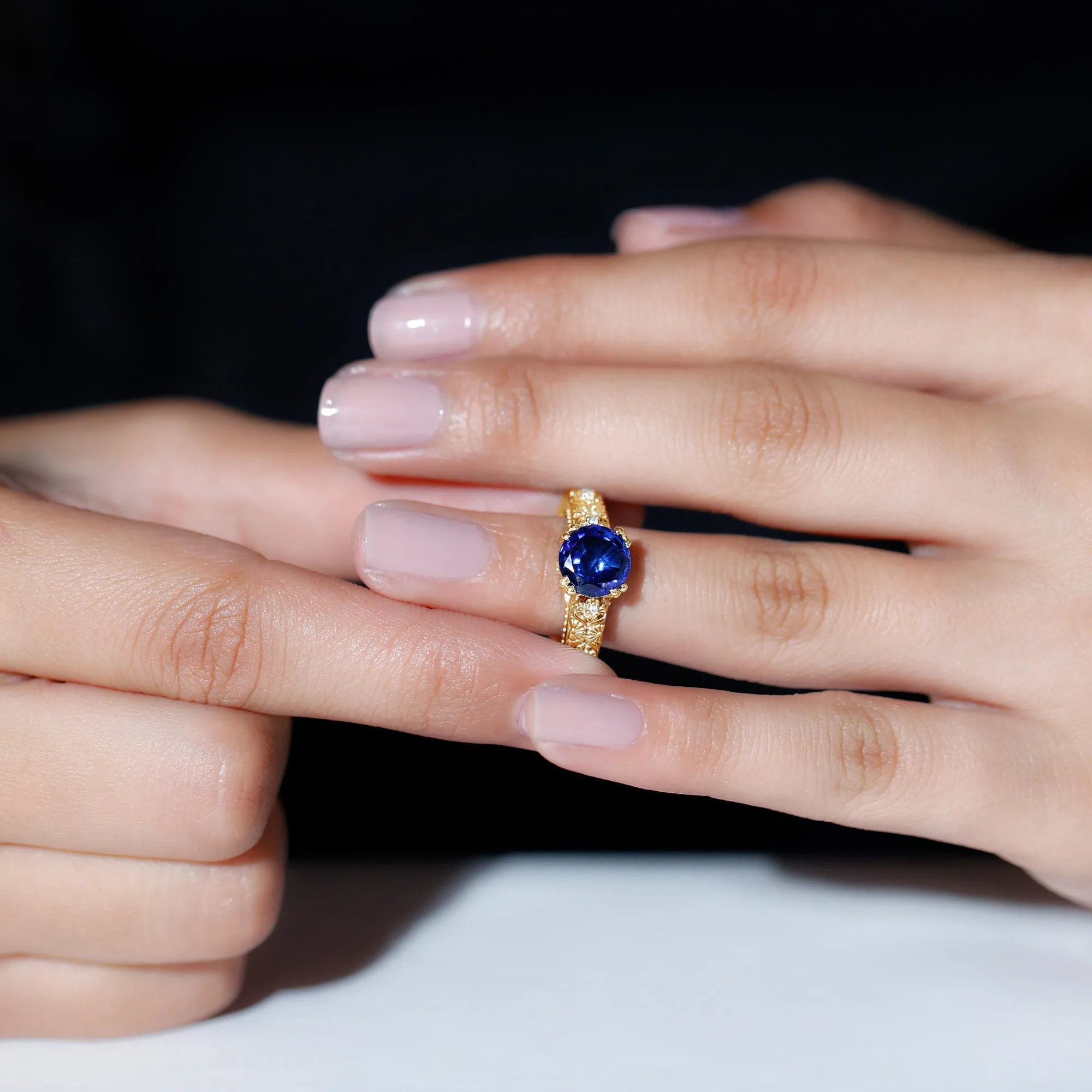 Solitaire Lab Grown Blue Sapphire Flower Engagement Ring with Diamond