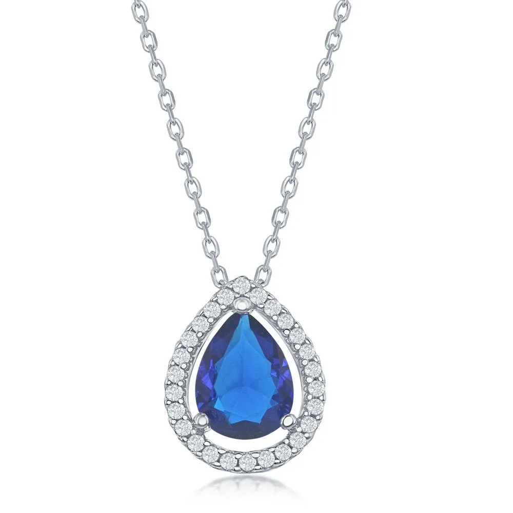 Sterling Silver Pear Shaped Blue Sapphire CZ Necklace (96189)