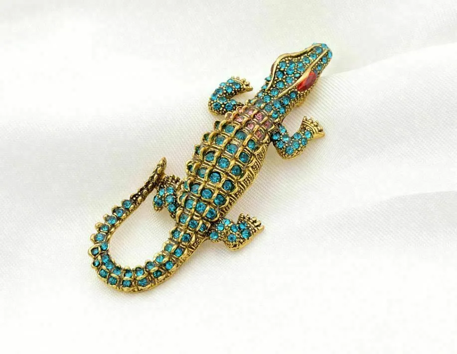 Stunning vintage look gold plated bluish crocodile design brooch broach pin b48p