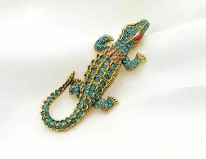 Stunning vintage look gold plated bluish crocodile design brooch broach pin b48p