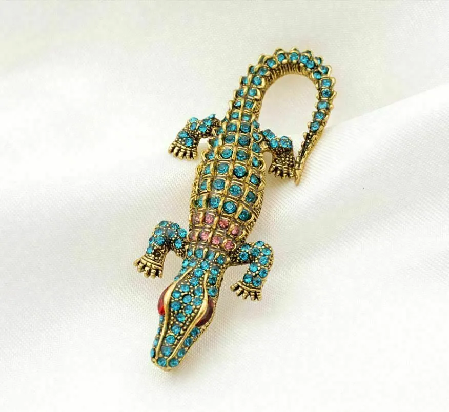 Stunning vintage look gold plated bluish crocodile design brooch broach pin b48p