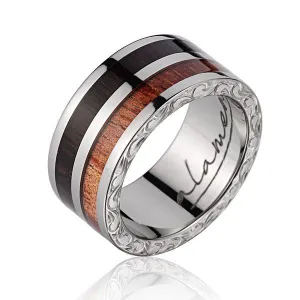 Titanium Wedding Band With Pink Ivory/Ebony Wood 2/Tone Inlay, Polished Edges, & Side Pattern - 10mm