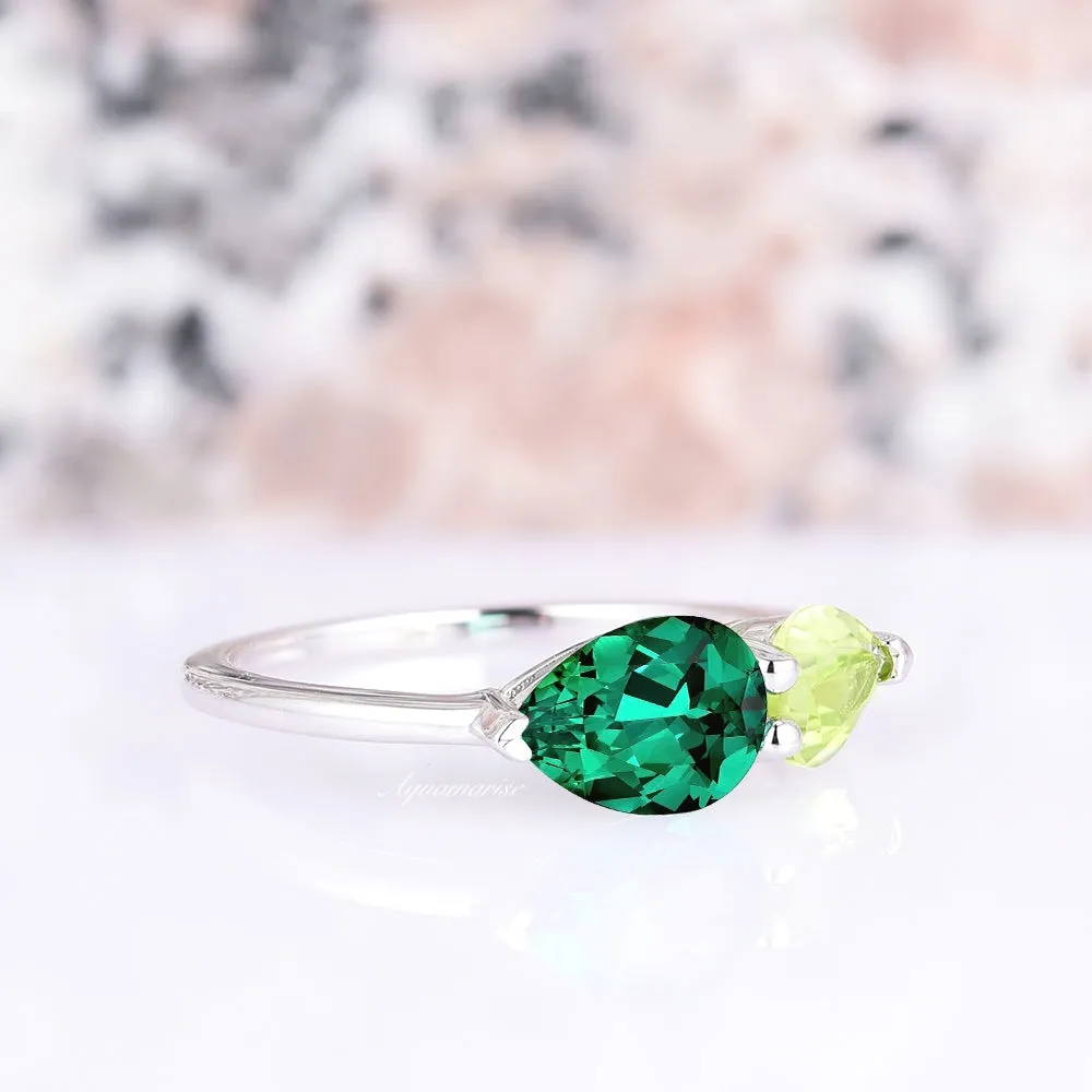 'Toi Et Moi' Pear Cut Peridot & Emerald Ring- Sterling Silver