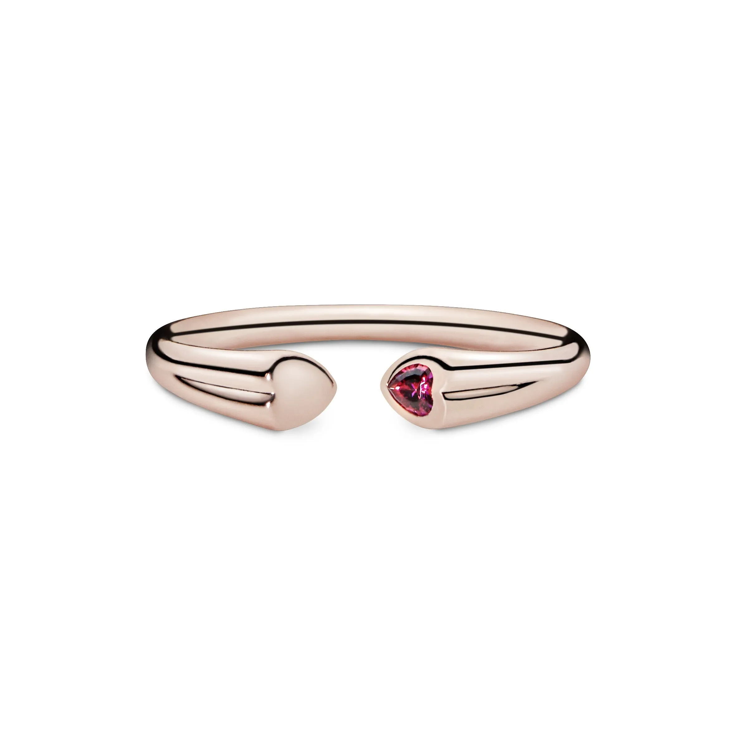 Two hearts 14k Rose Gold-plated open ring with red cubic zirconia