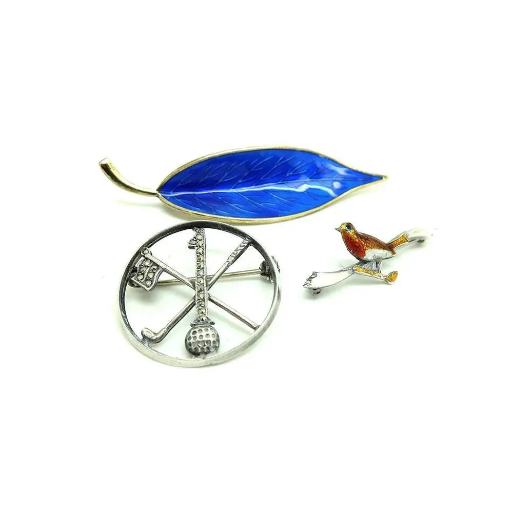 Vintage 1950s Danish Meka Silver Gilt Blue Enamel Leaf Brooch Pin