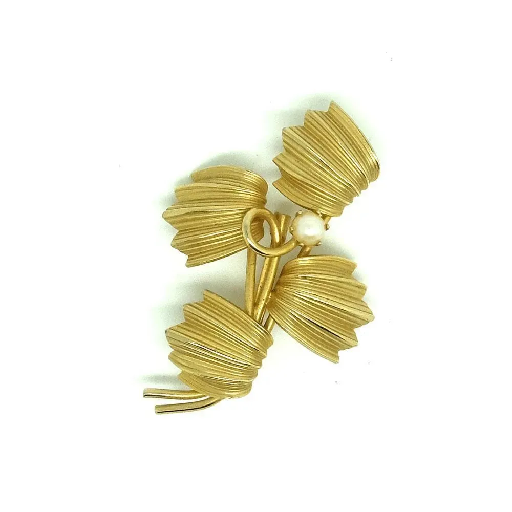 Vintage 1960s Faux Pearl Gold Tone Leaf Brooch