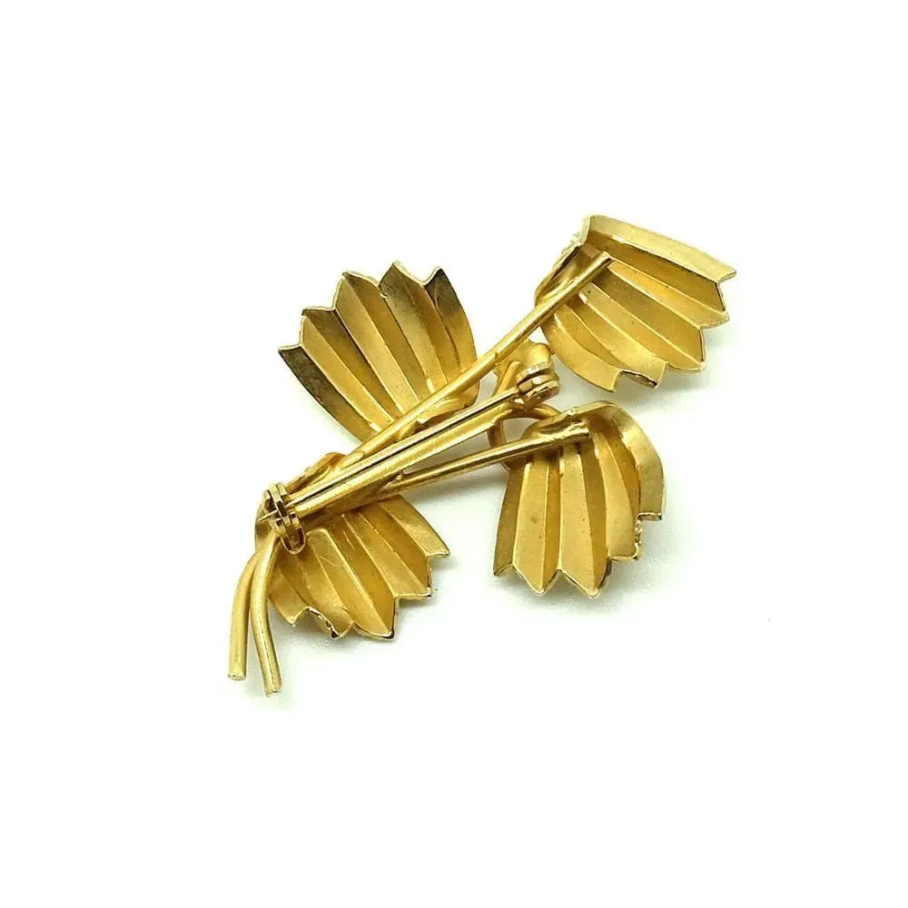 Vintage 1960s Faux Pearl Gold Tone Leaf Brooch