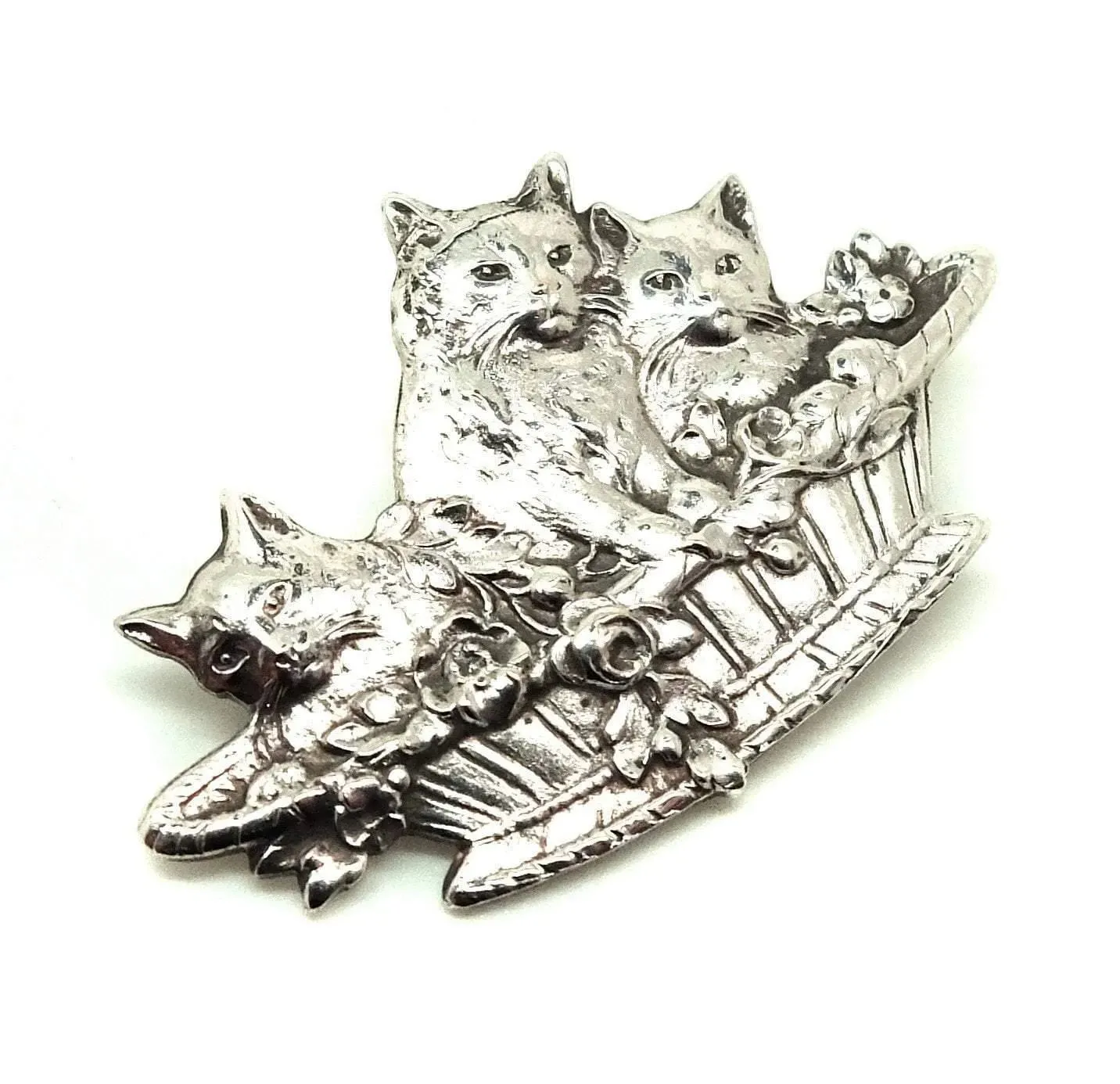 Vintage 1960s Silver Tone Cat Basket Brooch