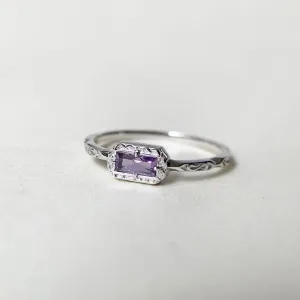 Vintage Baguette Cut Amethyst Minimalist Solitaire Rings For Women - 925 Sterling Silver Ring