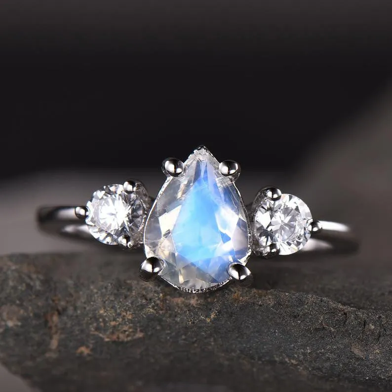 Vintage Female Pear Moonstone Engagement Ring Silver/White Gold Three Stone