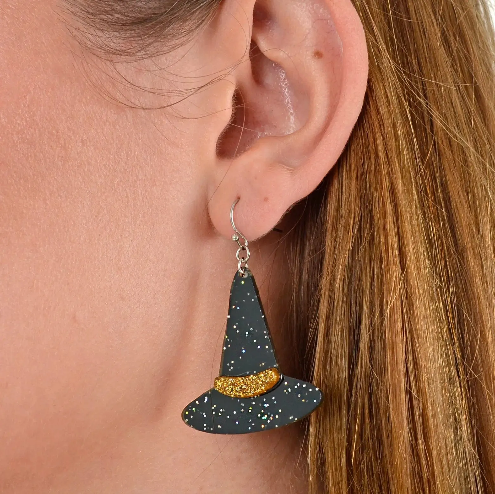 Witch Hat Drop Earrings Black Glitter Halloween Jewellery