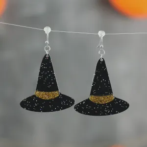 Witch Hat Drop Earrings Black Glitter Halloween Jewellery