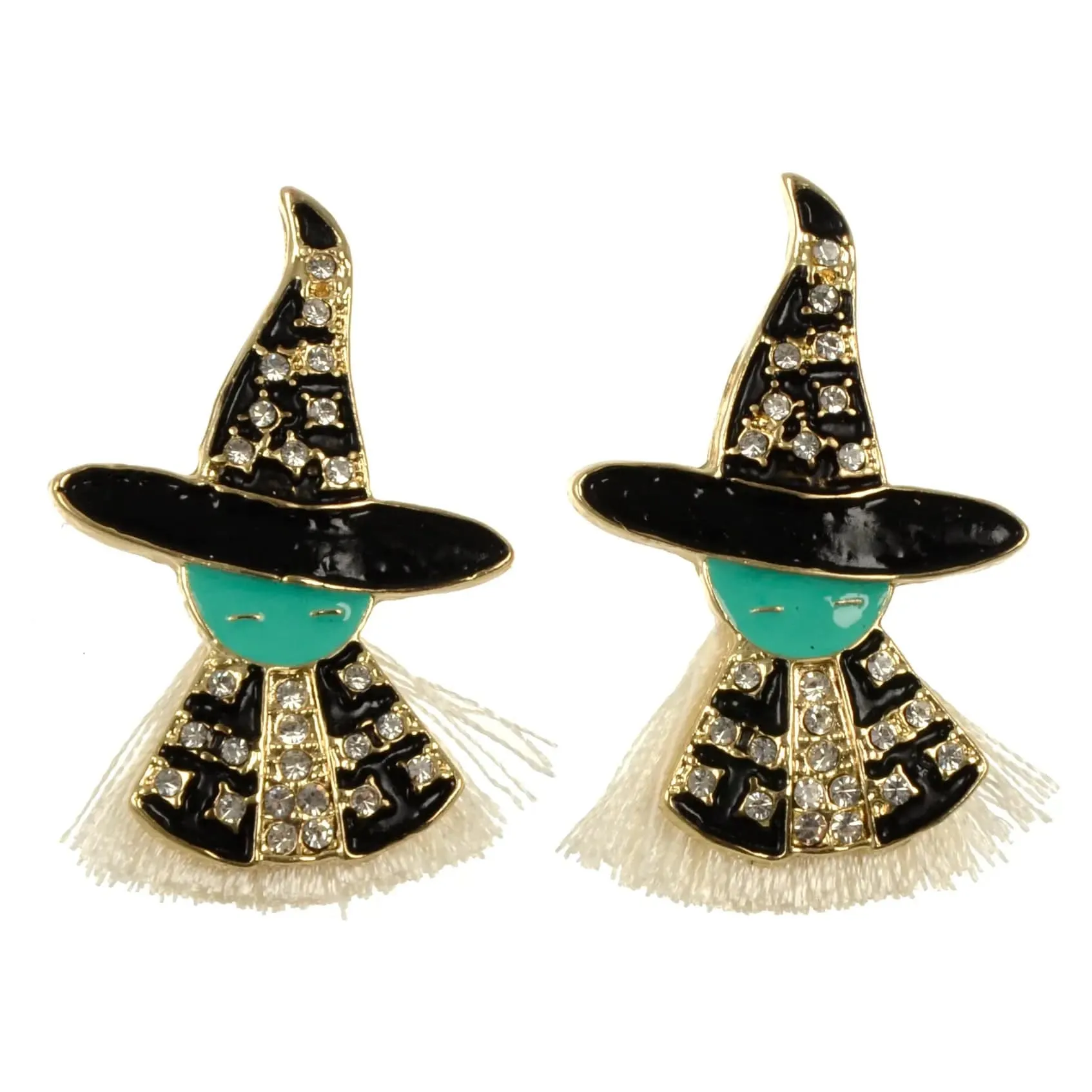 Witch Stud Earrings Diamante Black Green Halloween Jewellery